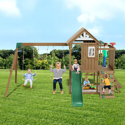 VEVOR Wooden Swing Set, 10 IN 1 Playground Sets for Backyards, 2 Swings, Trapeze Bar, 6FT Slide, Large Upper Fort with Kitchen Toys, Flat Step Ladder, Rock Wall, Picnic Table, Sandbox, Scaling Ladder - ETQQHTTZMC108YH7FV0 - view 9