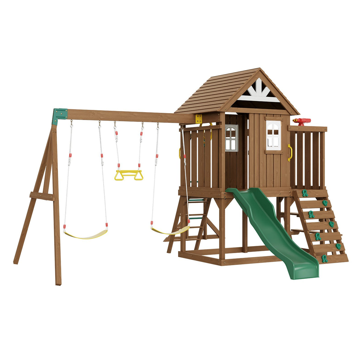 VEVOR Wooden Swing Set, 10 IN 1 Playground Sets for Backyards, 2 Swings, Trapeze Bar, 6FT Slide, Large Upper Fort with Kitchen Toys, Flat Step Ladder, Rock Wall, Picnic Table, Sandbox, Scaling Ladder - ETQQHTTZMC108YH7FV0 - view 10