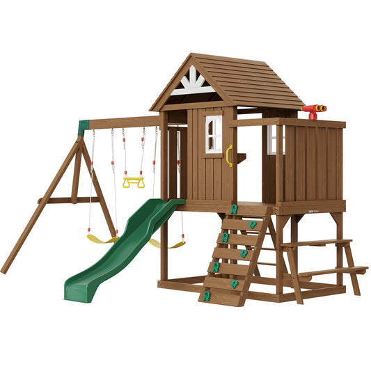 VEVOR Wooden Swing Set, 9 IN 1 Outdoor Playground Sets for Backyards, 2 Swings, Trapeze Bar, 6 FT Slide, Large Upper Fort with Kitchen Toys, Flat Step Ladder, Rock Wall, Picnic Table, Sandbox - ETQQHTTZMC9I51OUBV0 - view 1