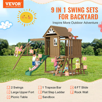 VEVOR Wooden Swing Set, 9 IN 1 Outdoor Playground Sets for Backyards, 2 Swings, Trapeze Bar, 6 FT Slide, Large Upper Fort with Kitchen Toys, Flat Step Ladder, Rock Wall, Picnic Table, Sandbox - ETQQHTTZMC9I51OUBV0 - view 3