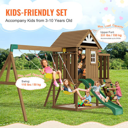 VEVOR Wooden Swing Set, 9 IN 1 Outdoor Playground Sets for Backyards, 2 Swings, Trapeze Bar, 6 FT Slide, Large Upper Fort with Kitchen Toys, Flat Step Ladder, Rock Wall, Picnic Table, Sandbox - ETQQHTTZMC9I51OUBV0 - view 4