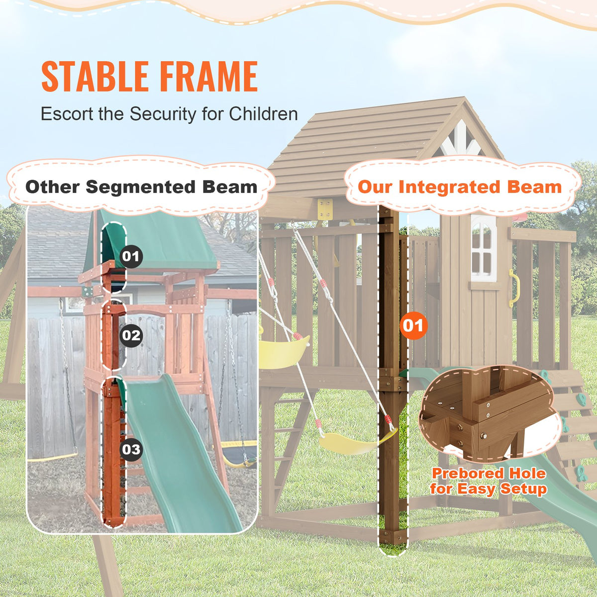 VEVOR Wooden Swing Set, 9 IN 1 Outdoor Playground Sets for Backyards, 2 Swings, Trapeze Bar, 6 FT Slide, Large Upper Fort with Kitchen Toys, Flat Step Ladder, Rock Wall, Picnic Table, Sandbox - ETQQHTTZMC9I51OUBV0 - view 5