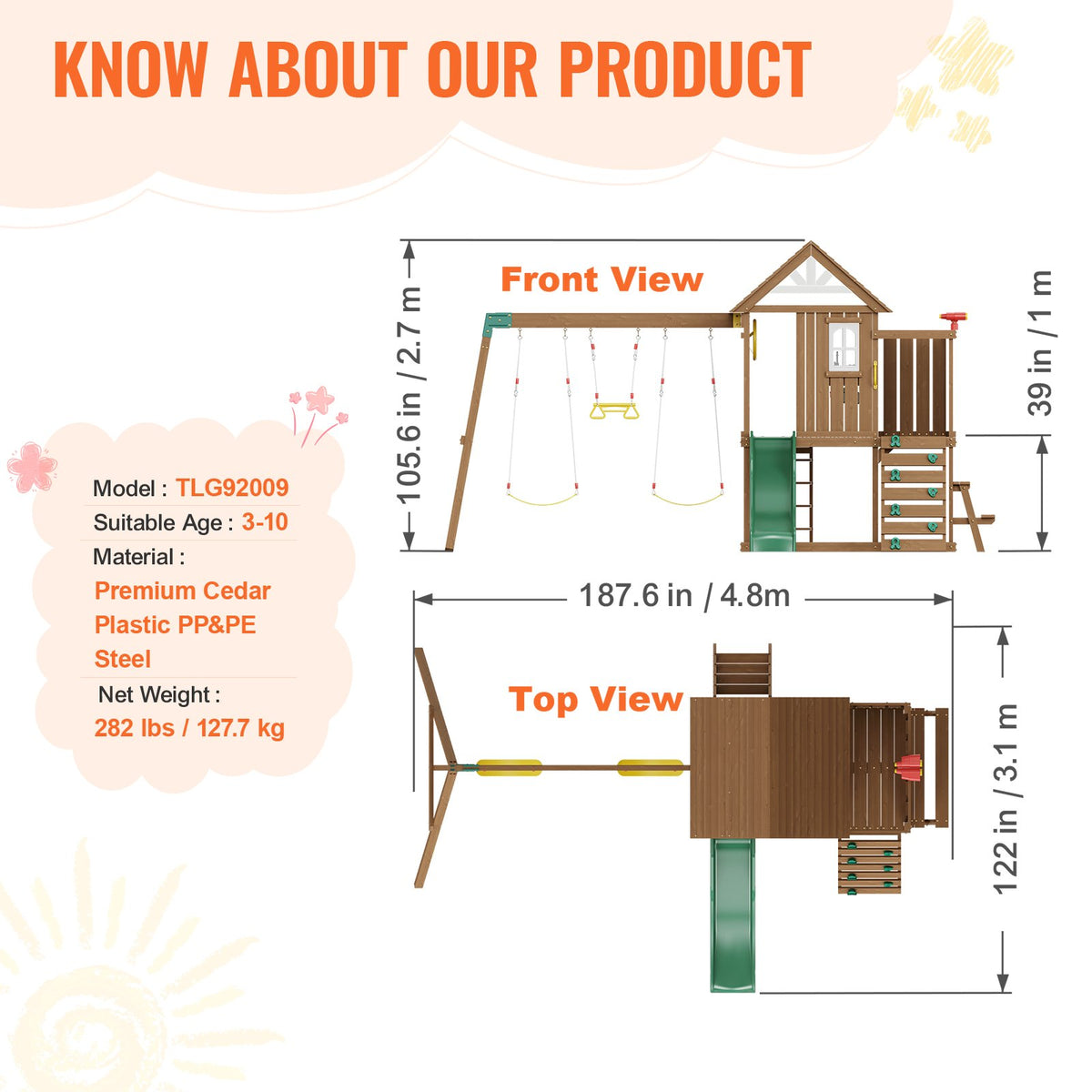VEVOR Wooden Swing Set, 9 IN 1 Outdoor Playground Sets for Backyards, 2 Swings, Trapeze Bar, 6 FT Slide, Large Upper Fort with Kitchen Toys, Flat Step Ladder, Rock Wall, Picnic Table, Sandbox - ETQQHTTZMC9I51OUBV0 - view 7