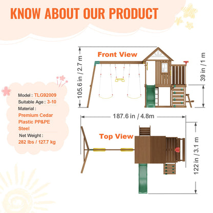 VEVOR Wooden Swing Set, 9 IN 1 Outdoor Playground Sets for Backyards, 2 Swings, Trapeze Bar, 6 FT Slide, Large Upper Fort with Kitchen Toys, Flat Step Ladder, Rock Wall, Picnic Table, Sandbox - ETQQHTTZMC9I51OUBV0 - view 7