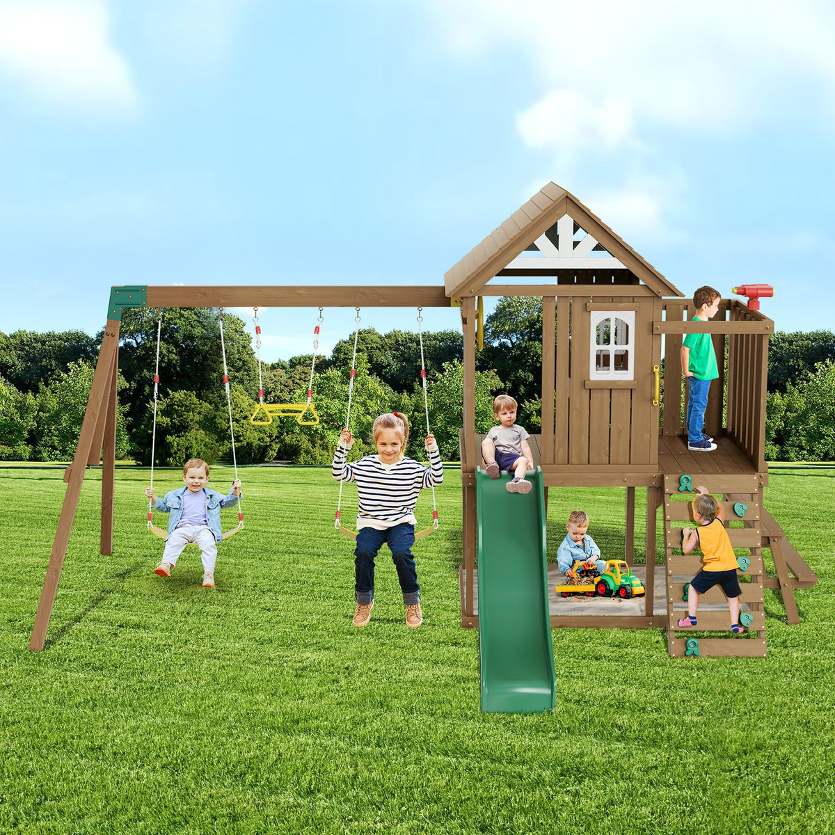 VEVOR Wooden Swing Set, 9 IN 1 Outdoor Playground Sets for Backyards, 2 Swings, Trapeze Bar, 6 FT Slide, Large Upper Fort with Kitchen Toys, Flat Step Ladder, Rock Wall, Picnic Table, Sandbox - ETQQHTTZMC9I51OUBV0 - view 9