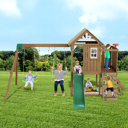 VEVOR Wooden Swing Set, 9 IN 1 Outdoor Playground Sets for Backyards, 2 Swings, Trapeze Bar, 6 FT Slide, Large Upper Fort with Kitchen Toys, Flat Step Ladder, Rock Wall, Picnic Table, Sandbox - ETQQHTTZMC9I51OUBV0 - view 9