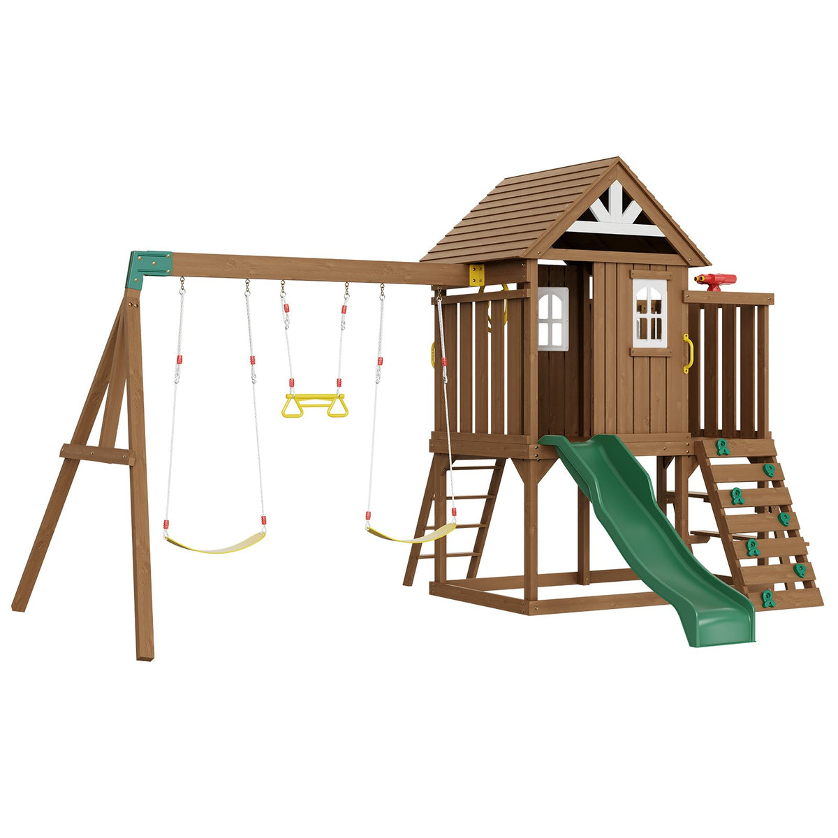 VEVOR Wooden Swing Set, 9 IN 1 Outdoor Playground Sets for Backyards, 2 Swings, Trapeze Bar, 6 FT Slide, Large Upper Fort with Kitchen Toys, Flat Step Ladder, Rock Wall, Picnic Table, Sandbox - ETQQHTTZMC9I51OUBV0 - view 10
