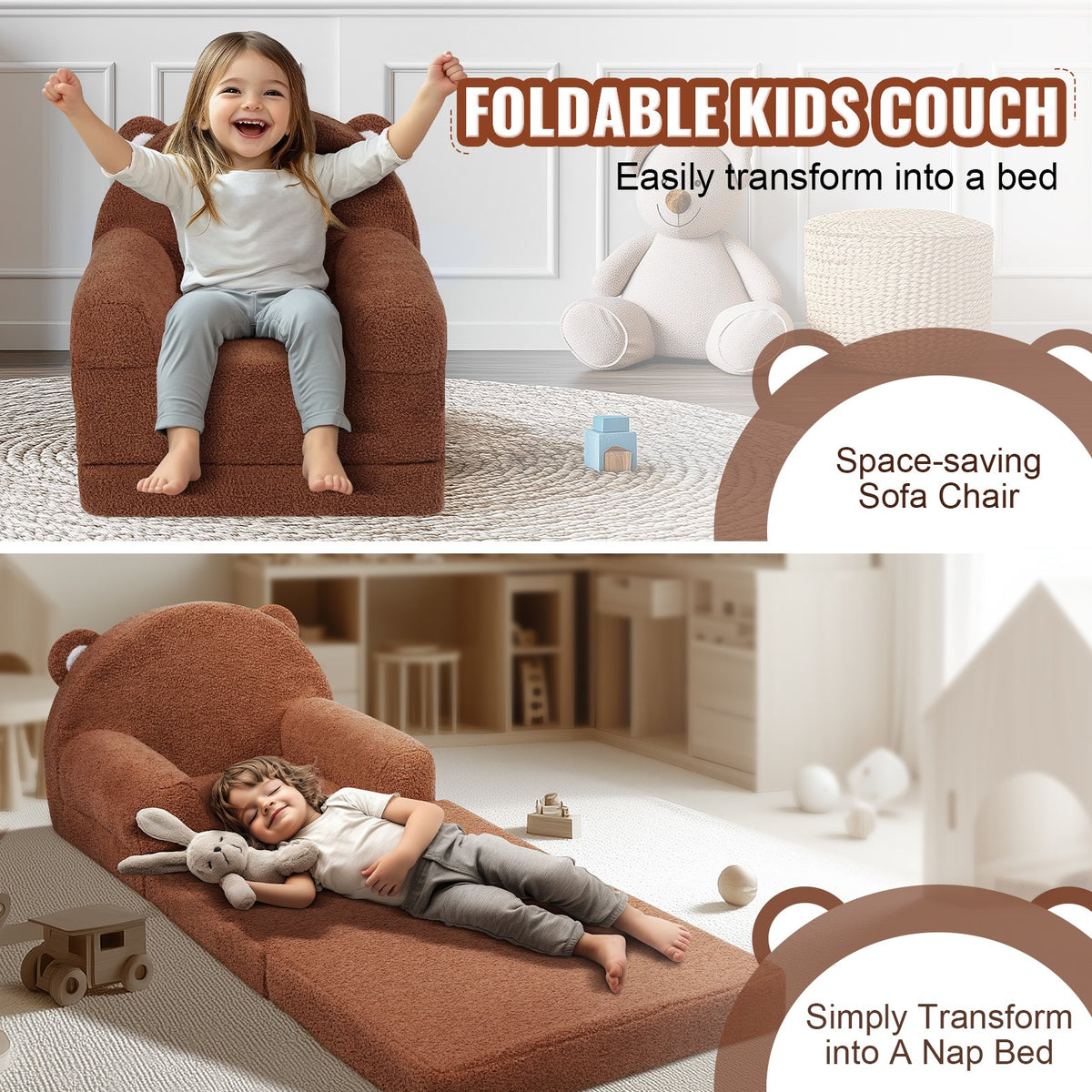 VEVOR Kids Couch, 2-in-1 Toddler Chairs Comfy, Toddler Couch Sofa Bed Fold Out, Convertible Sofa to Lounger, Kids Chair Seat Playroom Furniture for Kids Girls & Boys, Brown - ETSF60X3375XZIF7KV0 - view 4