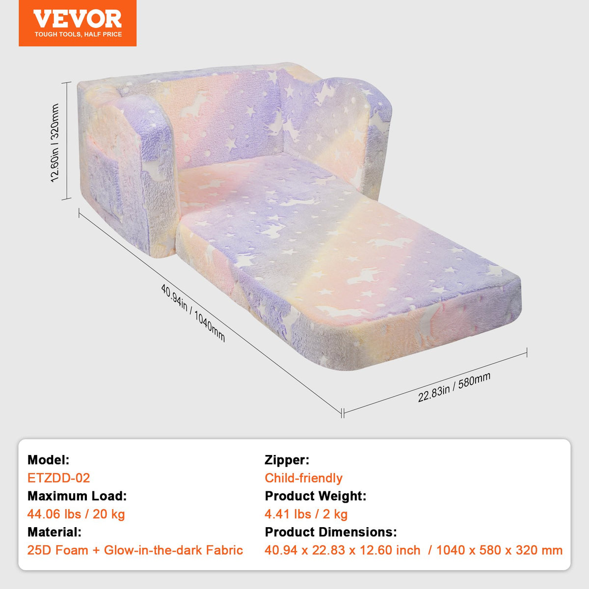 VEVOR Kids Couch, 2-in-1 Toddler Chairs Comfy, Toddler Couch Sofa Bed Fold Out, Convertible Sofa to Lounger, Kids Chair Seat Playroom Furniture for Kids Girls & Boys, Rainbow - ETSF6354652I4U5Y8V0 - view 8