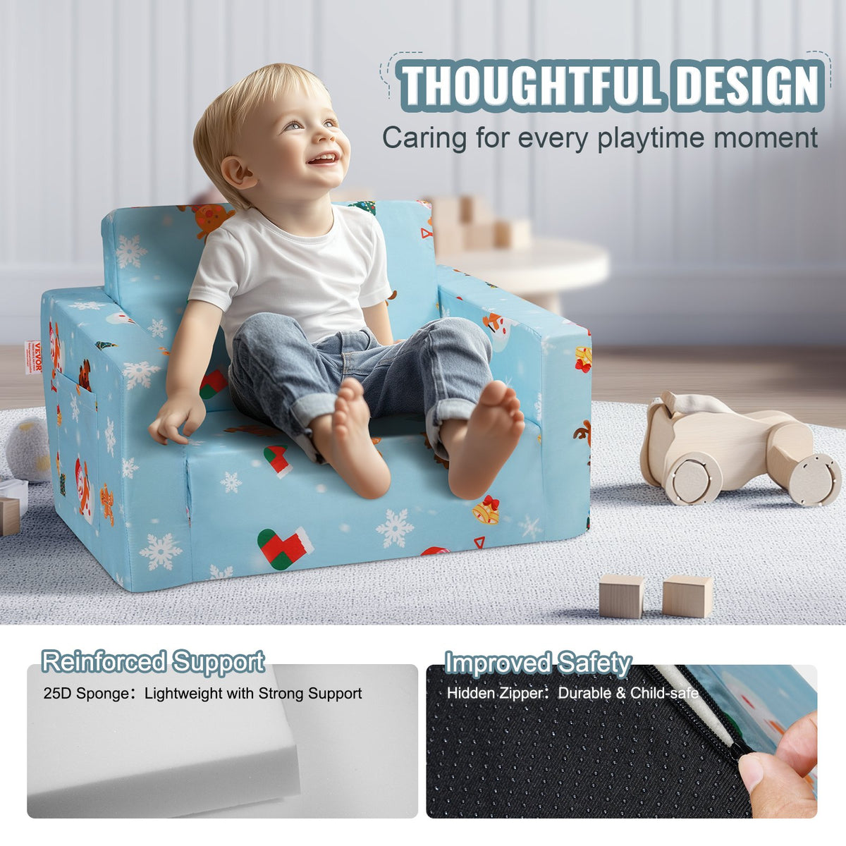 VEVOR Kids Couch, 2-in-1 Toddler Chairs Comfy, Toddler Couch Sofa Bed Fold Out, Convertible Sofa to Lounger, Kids Chair Seat Playroom Furniture for Kids Girls & Boys, Sky Blue - ETSF6354652IOZAT6V0 - view 6