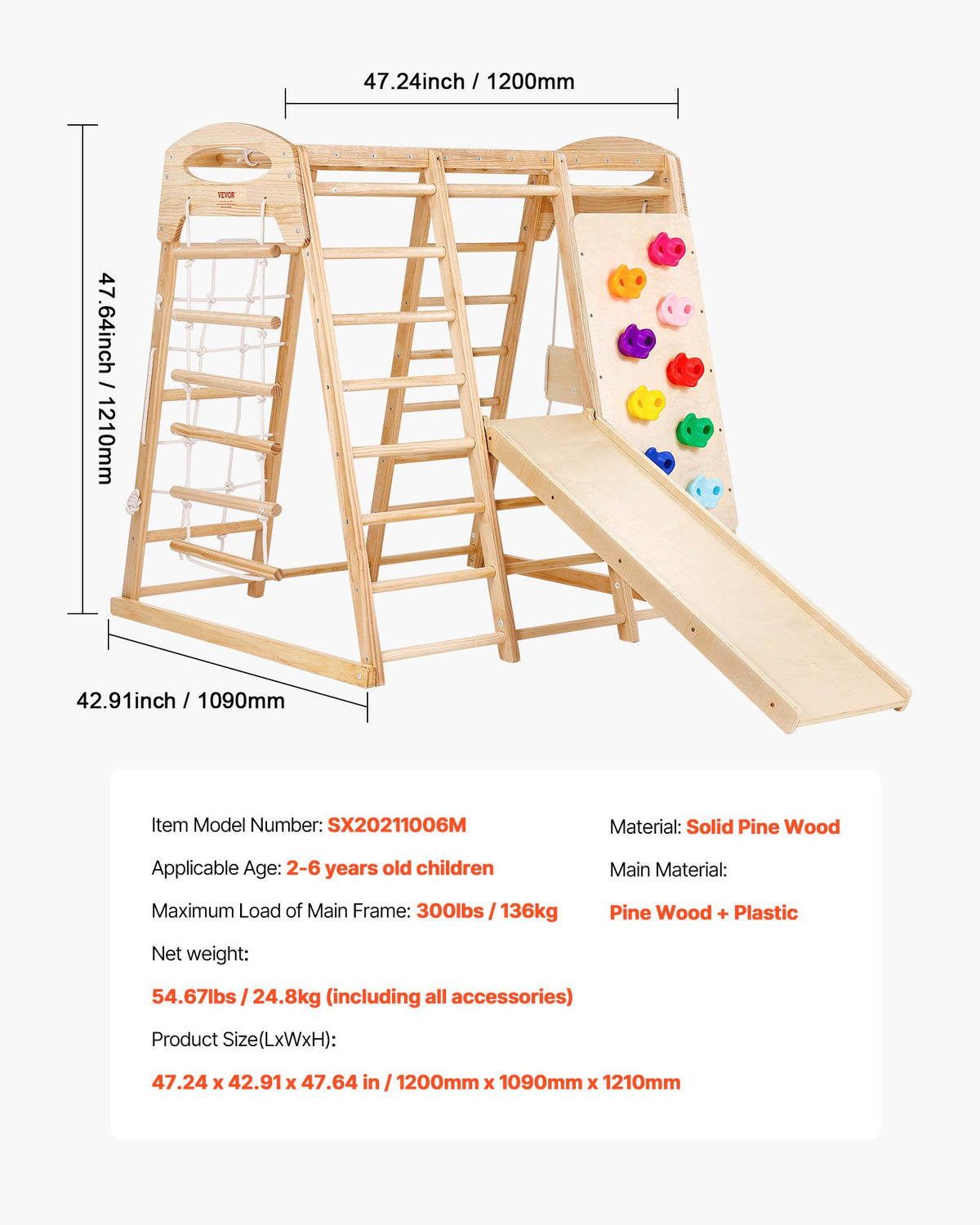 VEVOR Indoor Jungle Gym, 7-in-1 Toddler Indoor Playground, 43 x 47.2 x 47 inch, with Wood and Rope Ladder, Net Ladder, Swing, Monkey Bar, Slide, Climbing Wall, Wooden Indoor Climbing Toys for Kids - ETSNYLCYMSQH15S1A001V0 - view 8