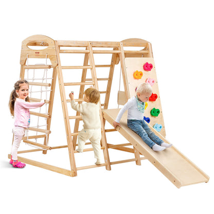 VEVOR Indoor Jungle Gym, 7-in-1 Toddler Indoor Playground, 47.2 x 58 x 56 inch, with Wood and Rope Ladder, Net Ladder, Swing, Monkey Bar, Slide, Climbing Wall, Wooden Indoor Climbing Toys for Kids - ETSNYLCYMSQHBNZHB001V0 - view 1