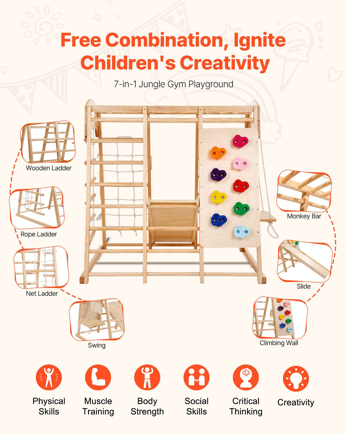 VEVOR Indoor Jungle Gym, 7-in-1 Toddler Indoor Playground, 47.2 x 58 x 56 inch, with Wood and Rope Ladder, Net Ladder, Swing, Monkey Bar, Slide, Climbing Wall, Wooden Indoor Climbing Toys for Kids - ETSNYLCYMSQHBNZHB001V0 - view 4