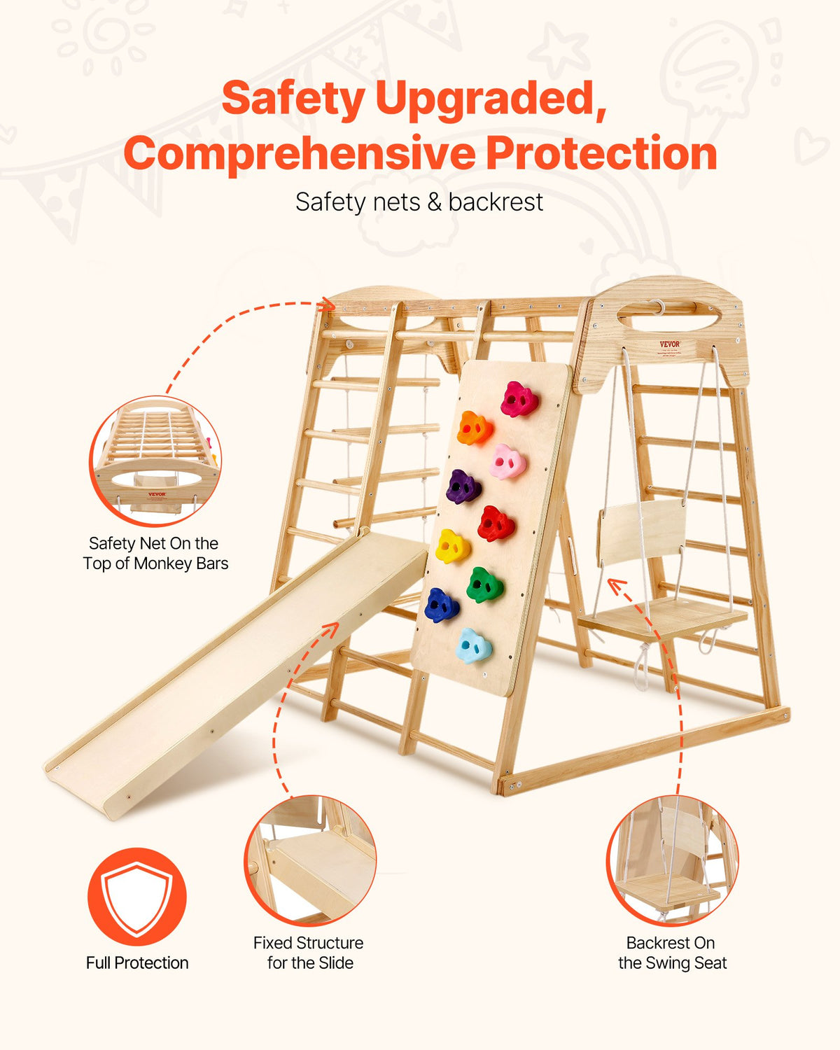 VEVOR Indoor Jungle Gym, 7-in-1 Toddler Indoor Playground, 47.2 x 58 x 56 inch, with Wood and Rope Ladder, Net Ladder, Swing, Monkey Bar, Slide, Climbing Wall, Wooden Indoor Climbing Toys for Kids - ETSNYLCYMSQHBNZHB001V0 - view 6