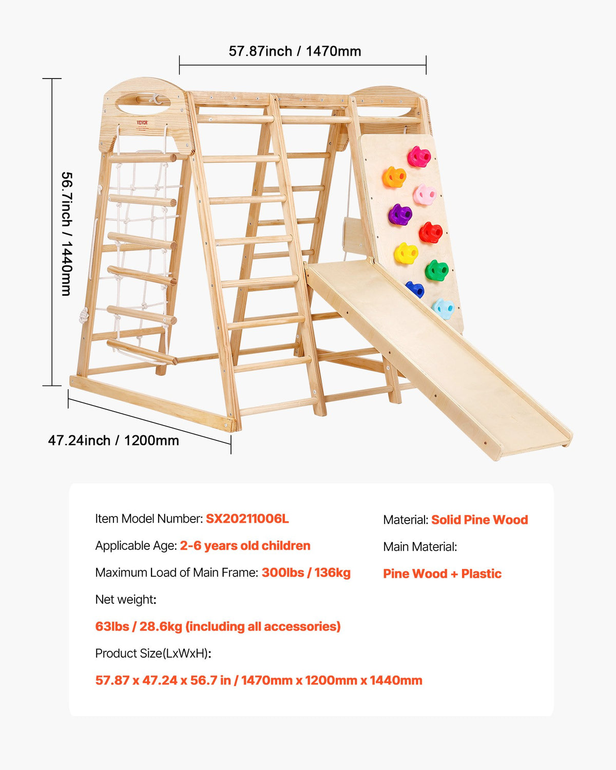 VEVOR Indoor Jungle Gym, 7-in-1 Toddler Indoor Playground, 47.2 x 58 x 56 inch, with Wood and Rope Ladder, Net Ladder, Swing, Monkey Bar, Slide, Climbing Wall, Wooden Indoor Climbing Toys for Kids - ETSNYLCYMSQHBNZHB001V0 - view 8