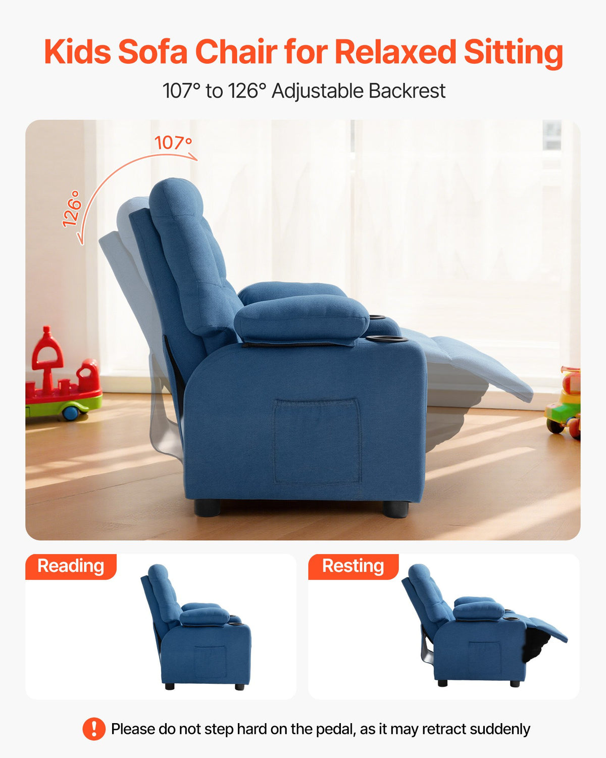 VEVOR Kids Recliner Chair, Toddler Lounger with Cup Holders & Pockets, 107° to 126° Adjustable Back, Breathable Polyester Upholstery Reclining Sofa with Foot-rest, for Boys and Girls, Children (Blue) - ETTY282634IN886FS001V0 - view 3