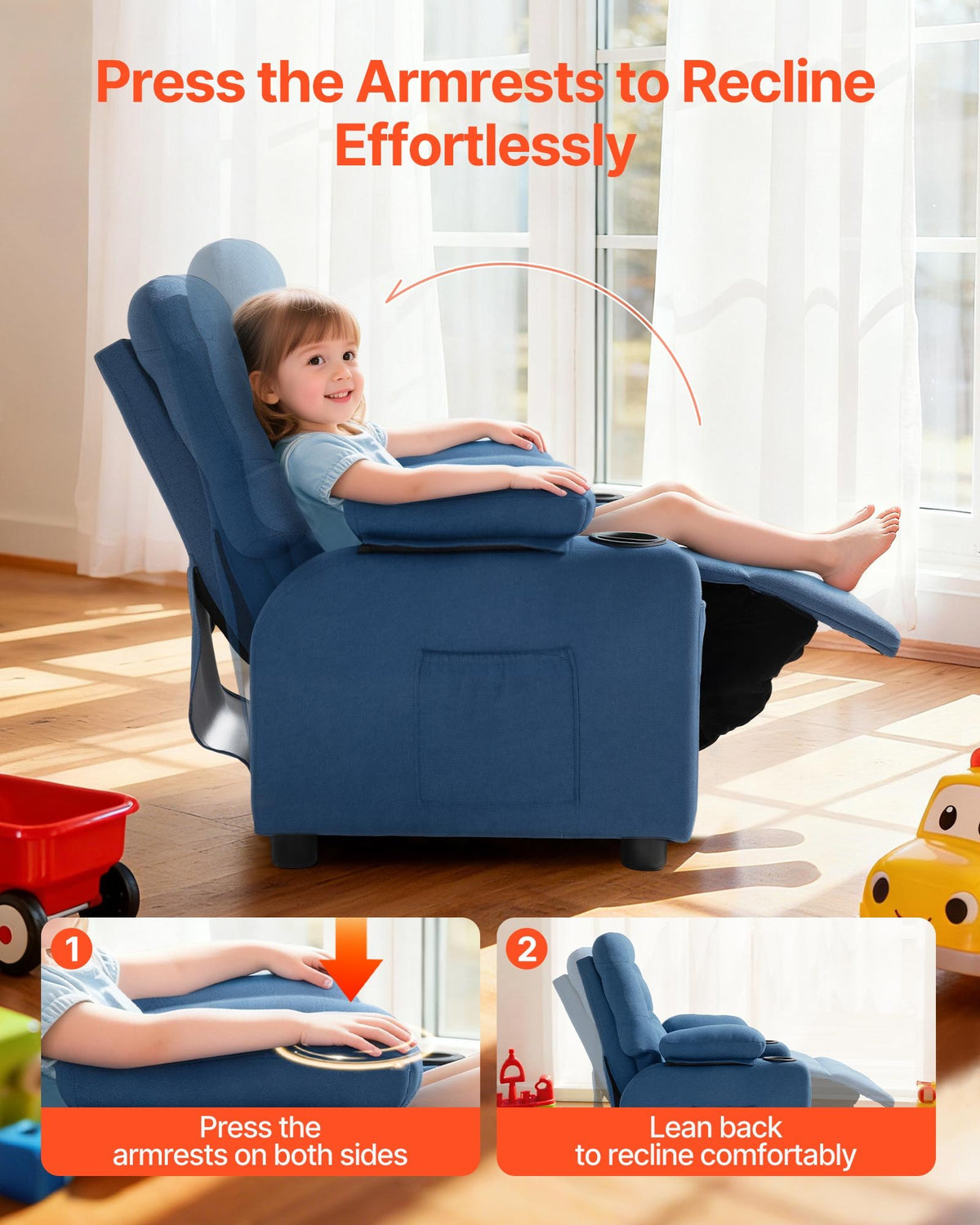 VEVOR Kids Recliner Chair, Toddler Lounger with Cup Holders & Pockets, 107° to 126° Adjustable Back, Breathable Polyester Upholstery Reclining Sofa with Foot-rest, for Boys and Girls, Children (Blue) - ETTY282634IN886FS001V0 - view 4