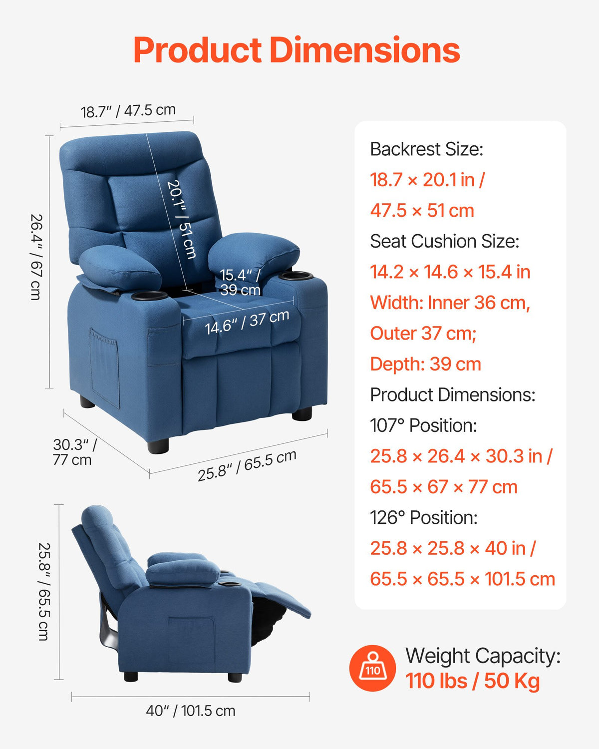 VEVOR Kids Recliner Chair, Toddler Lounger with Cup Holders & Pockets, 107° to 126° Adjustable Back, Breathable Polyester Upholstery Reclining Sofa with Foot-rest, for Boys and Girls, Children (Blue) - ETTY282634IN886FS001V0 - view 5