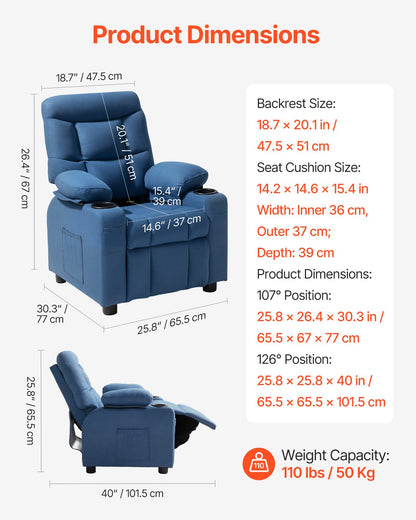 VEVOR Kids Recliner Chair, Toddler Lounger with Cup Holders & Pockets, 107° to 126° Adjustable Back, Breathable Polyester Upholstery Reclining Sofa with Foot-rest, for Boys and Girls, Children (Blue) - ETTY282634IN886FS001V0 - view 5