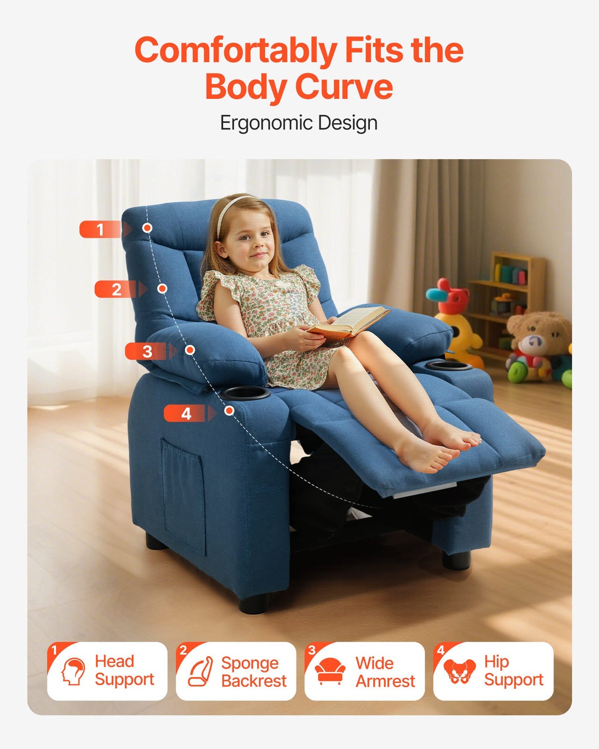 VEVOR Kids Recliner Chair, Toddler Lounger with Cup Holders & Pockets, 107° to 126° Adjustable Back, Breathable Polyester Upholstery Reclining Sofa with Foot-rest, for Boys and Girls, Children (Blue) - ETTY282634IN886FS001V0 - view 7