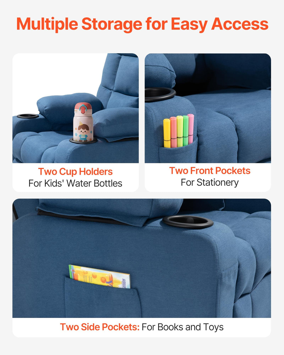 VEVOR Kids Recliner Chair, Toddler Lounger with Cup Holders & Pockets, 107° to 126° Adjustable Back, Breathable Polyester Upholstery Reclining Sofa with Foot-rest, for Boys and Girls, Children (Blue) - ETTY282634IN886FS001V0 - view 8