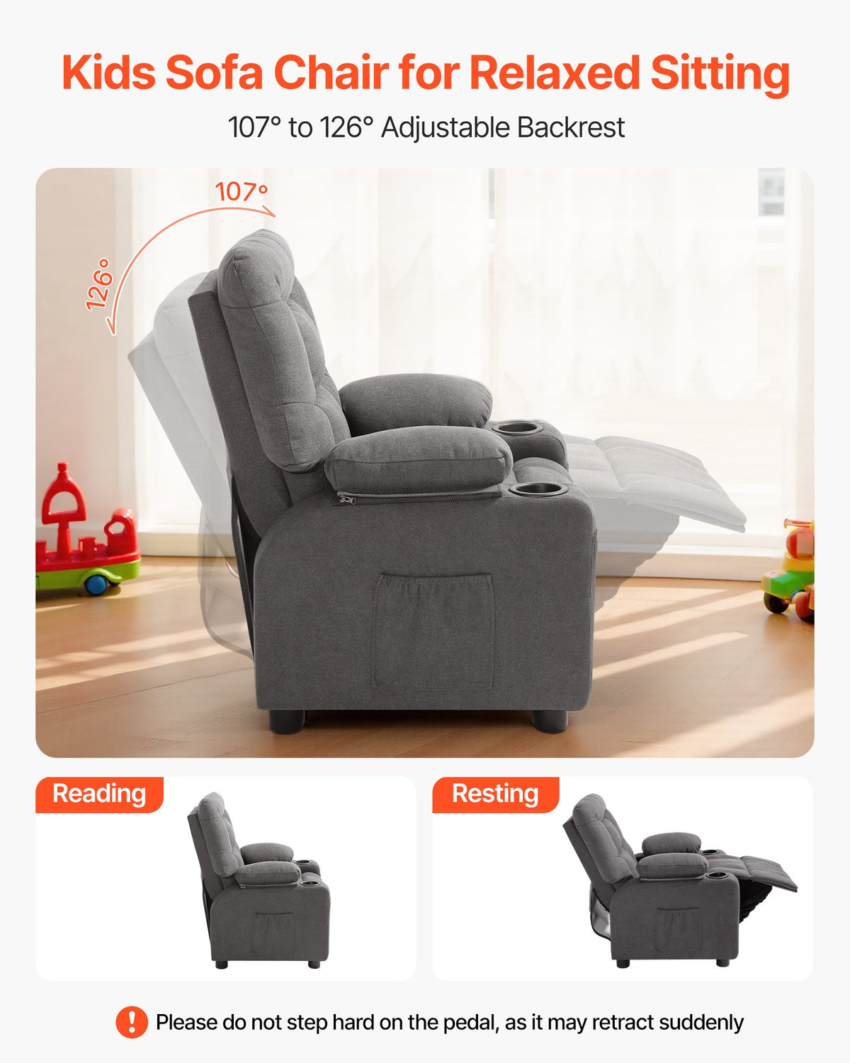 VEVOR Kids Recliner Chair, Toddler Lounger with Cup Holders & Pockets, 107° to 126° Adjustable Back, Breathable Polyester Upholstery Reclining Sofa with Foot-rest, for Boys and Girls, Children (Gray) - ETTY282634INOOTW3001V0 - view 3