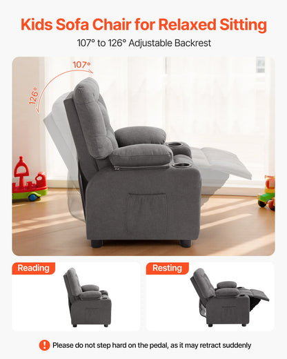 VEVOR Kids Recliner Chair, Toddler Lounger with Cup Holders & Pockets, 107° to 126° Adjustable Back, Breathable Polyester Upholstery Reclining Sofa with Foot-rest, for Boys and Girls, Children (Gray) - ETTY282634INOOTW3001V0 - view 3