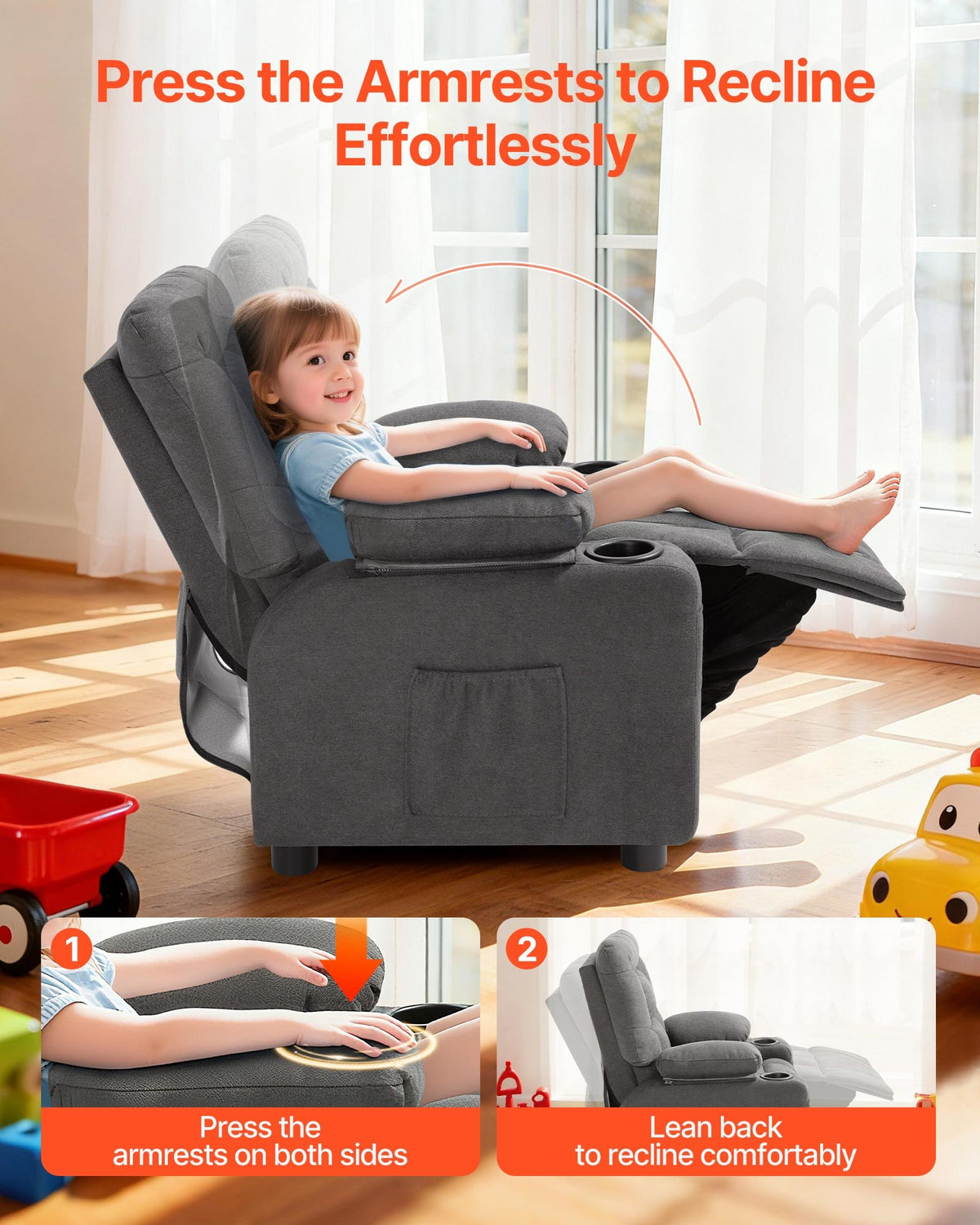 VEVOR Kids Recliner Chair, Toddler Lounger with Cup Holders & Pockets, 107° to 126° Adjustable Back, Breathable Polyester Upholstery Reclining Sofa with Foot-rest, for Boys and Girls, Children (Gray) - ETTY282634INOOTW3001V0 - view 4