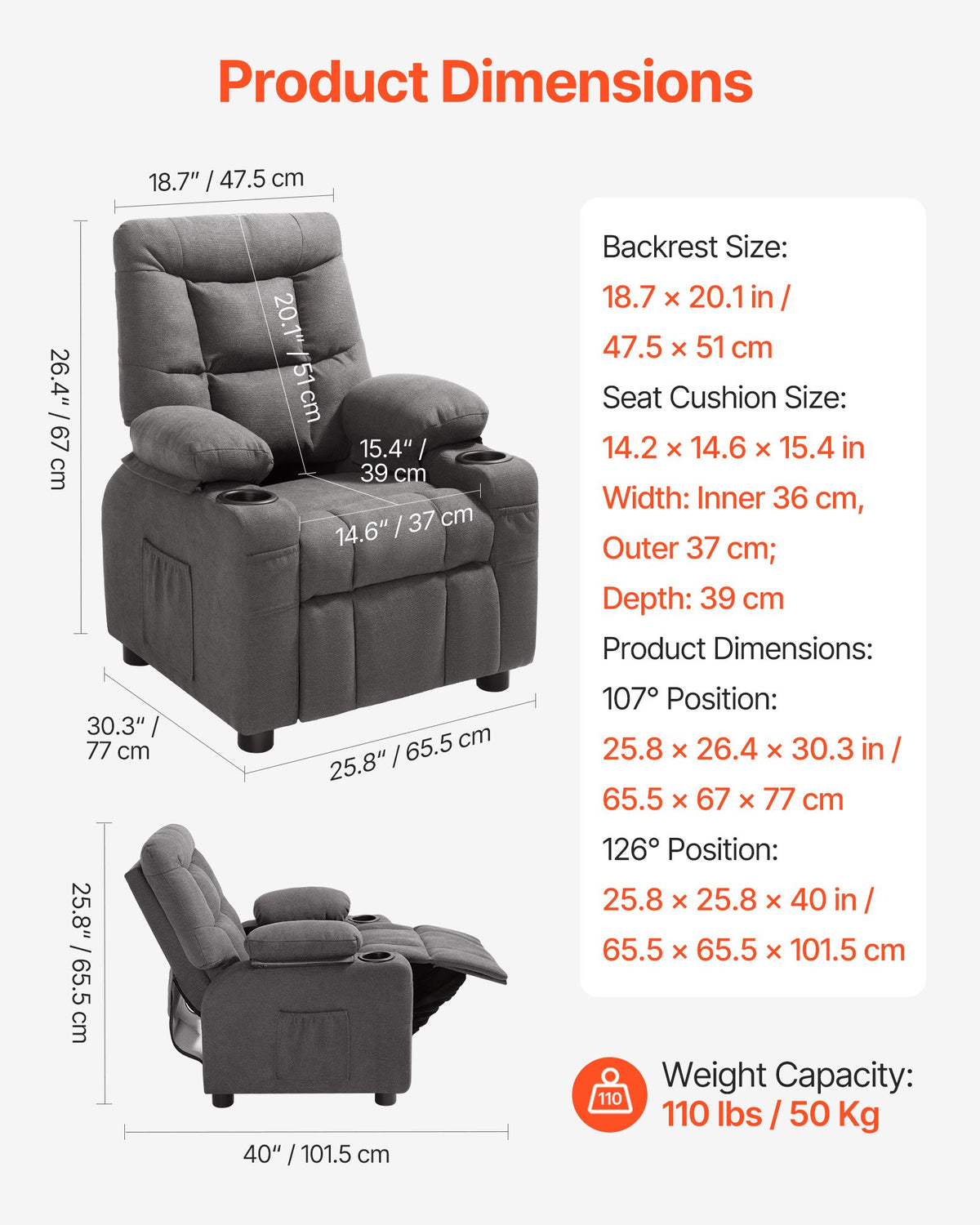 VEVOR Kids Recliner Chair, Toddler Lounger with Cup Holders & Pockets, 107° to 126° Adjustable Back, Breathable Polyester Upholstery Reclining Sofa with Foot-rest, for Boys and Girls, Children (Gray) - ETTY282634INOOTW3001V0 - view 5