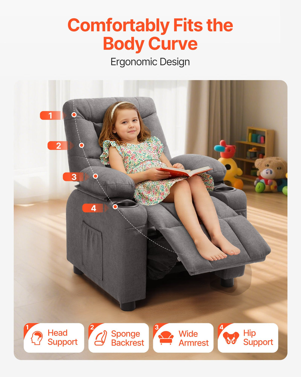 VEVOR Kids Recliner Chair, Toddler Lounger with Cup Holders & Pockets, 107° to 126° Adjustable Back, Breathable Polyester Upholstery Reclining Sofa with Foot-rest, for Boys and Girls, Children (Gray) - ETTY282634INOOTW3001V0 - view 7