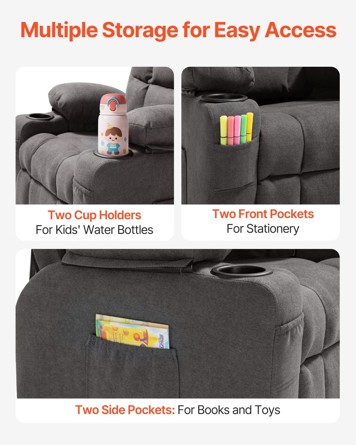 VEVOR Kids Recliner Chair, Toddler Lounger with Cup Holders & Pockets, 107° to 126° Adjustable Back, Breathable Polyester Upholstery Reclining Sofa with Foot-rest, for Boys and Girls, Children (Gray) - ETTY282634INOOTW3001V0 - view 8