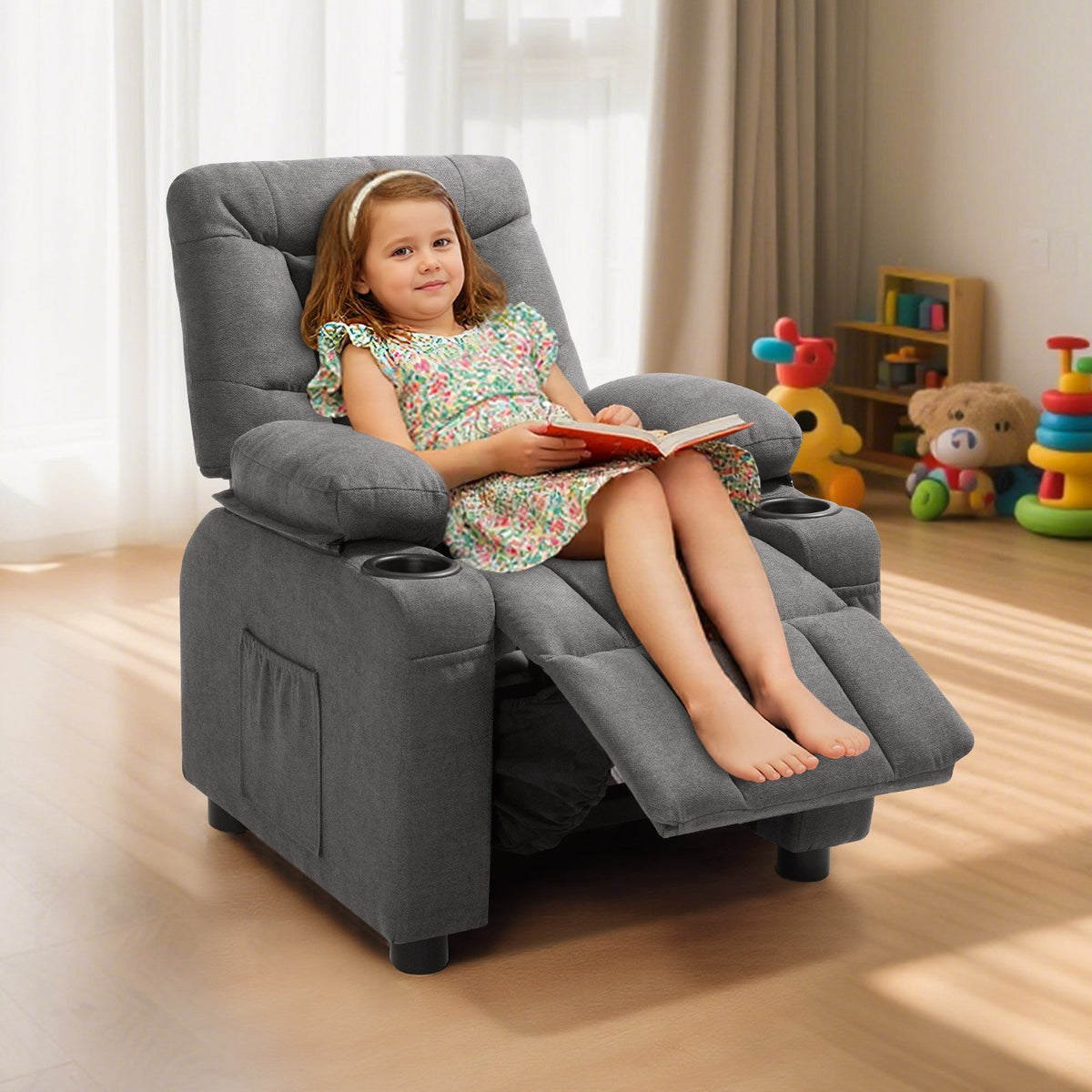 VEVOR Kids Recliner Chair, Toddler Lounger with Cup Holders & Pockets, 107° to 126° Adjustable Back, Breathable Polyester Upholstery Reclining Sofa with Foot-rest, for Boys and Girls, Children (Gray) - ETTY282634INOOTW3001V0 - view 9