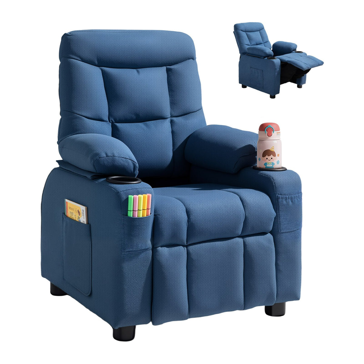 VEVOR Kids Reclining Chair, Toddler Recliner with Cup Holders and Pockets, 107° to 126° Adjustable Backrest, Breathable Polyester Fabric Recliner Couch with Footrest, for Boys & Girls, Children(Blue) - ETTYBYKLS2820BBQT001V0 - view 1