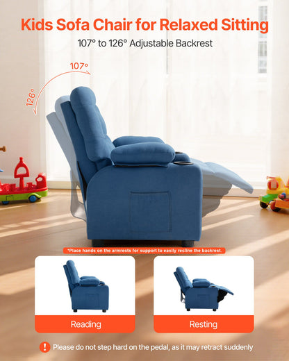 VEVOR Kids Reclining Chair, Toddler Recliner with Cup Holders and Pockets, 107° to 126° Adjustable Backrest, Breathable Polyester Fabric Recliner Couch with Footrest, for Boys & Girls, Children(Blue) - ETTYBYKLS2820BBQT001V0 - view 3