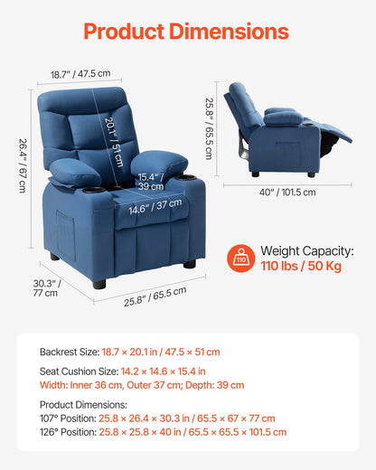 VEVOR Kids Reclining Chair, Toddler Recliner with Cup Holders and Pockets, 107° to 126° Adjustable Backrest, Breathable Polyester Fabric Recliner Couch with Footrest, for Boys & Girls, Children(Blue) - ETTYBYKLS2820BBQT001V0 - view 4