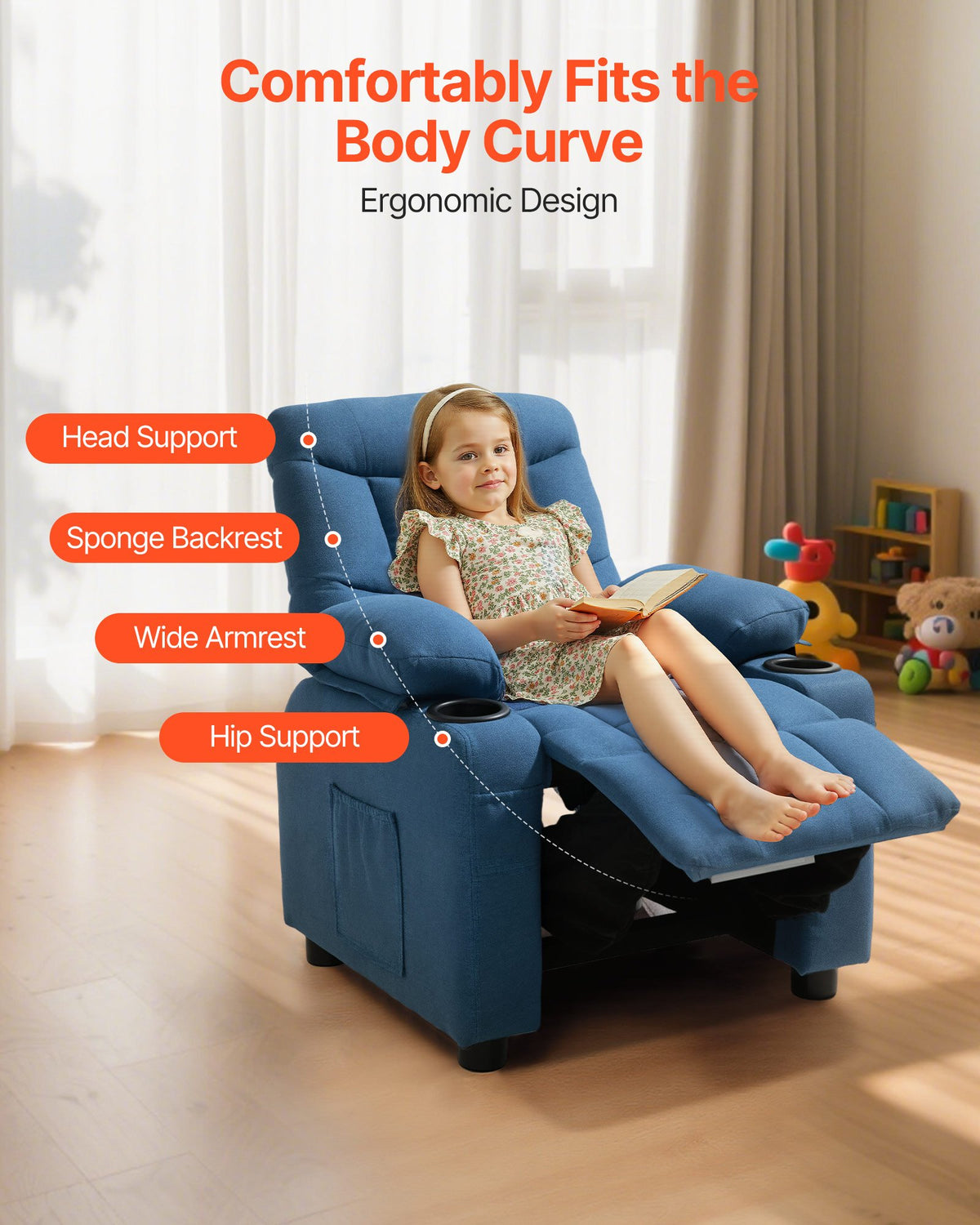 VEVOR Kids Reclining Chair, Toddler Recliner with Cup Holders and Pockets, 107° to 126° Adjustable Backrest, Breathable Polyester Fabric Recliner Couch with Footrest, for Boys & Girls, Children(Blue) - ETTYBYKLS2820BBQT001V0 - view 6