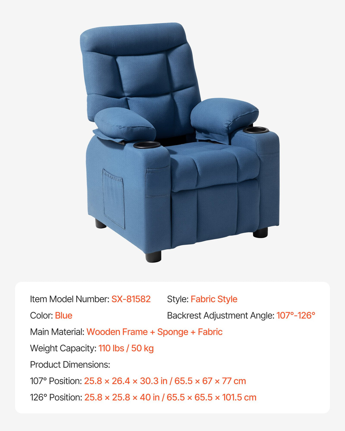 VEVOR Kids Reclining Chair, Toddler Recliner with Cup Holders and Pockets, 107° to 126° Adjustable Backrest, Breathable Polyester Fabric Recliner Couch with Footrest, for Boys & Girls, Children(Blue) - ETTYBYKLS2820BBQT001V0 - view 8