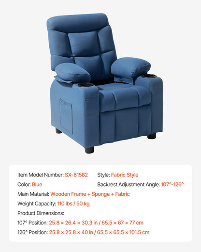 VEVOR Kids Reclining Chair, Toddler Recliner with Cup Holders and Pockets, 107° to 126° Adjustable Backrest, Breathable Polyester Fabric Recliner Couch with Footrest, for Boys & Girls, Children(Blue) - ETTYBYKLS2820BBQT001V0 - view 8