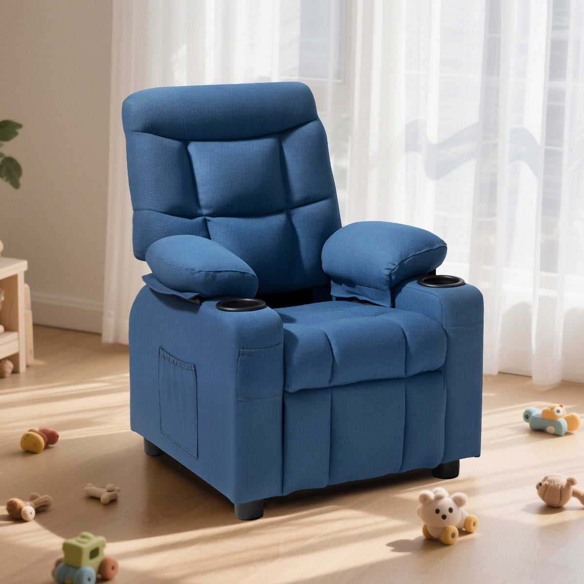 VEVOR Kids Reclining Chair, Toddler Recliner with Cup Holders and Pockets, 107° to 126° Adjustable Backrest, Breathable Polyester Fabric Recliner Couch with Footrest, for Boys & Girls, Children(Blue) - ETTYBYKLS2820BBQT001V0 - view 9