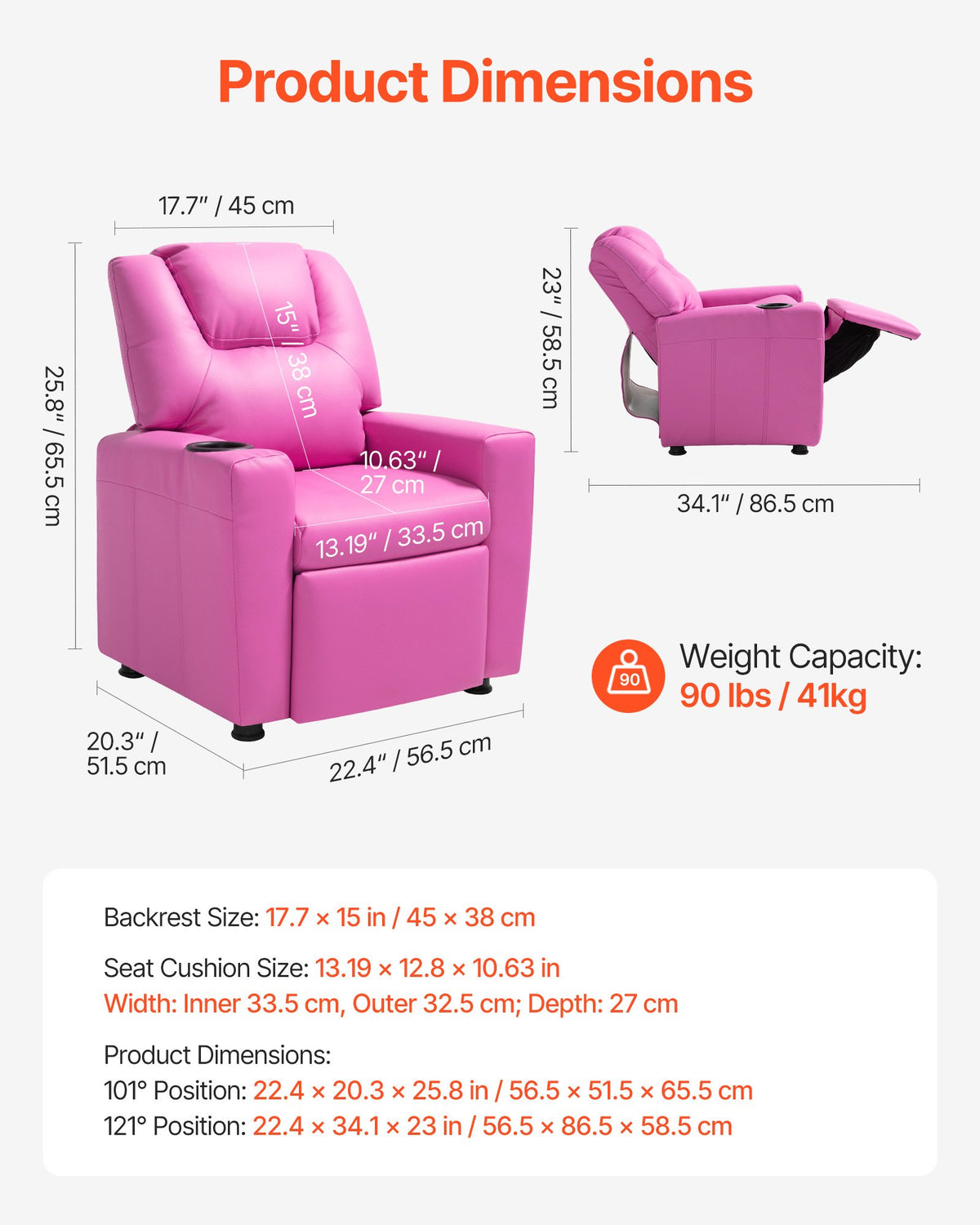VEVOR Kids Reclining Chair, Toddler Recliner with Cup Holder, 101° to 121° Adjustable Backrest, Easy-to-Clean PU Leather Recliner Couch with Footrest, 90 lbs Load, for Boys & Girls, Children (Pink) - ETTYPGKFHS21PI6YW001V0 - view 4