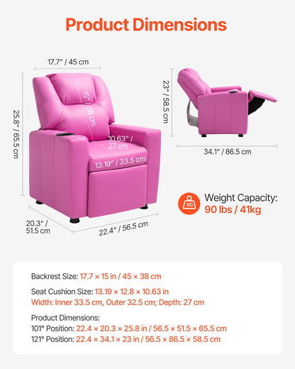 VEVOR Kids Reclining Chair, Toddler Recliner with Cup Holder, 101° to 121° Adjustable Backrest, Easy-to-Clean PU Leather Recliner Couch with Footrest, 90 lbs Load, for Boys & Girls, Children (Pink) - ETTYPGKFHS21PI6YW001V0 - view 4