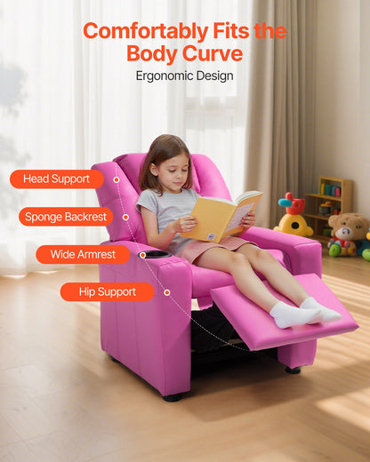 VEVOR Kids Reclining Chair, Toddler Recliner with Cup Holder, 101° to 121° Adjustable Backrest, Easy-to-Clean PU Leather Recliner Couch with Footrest, 90 lbs Load, for Boys & Girls, Children (Pink) - ETTYPGKFHS21PI6YW001V0 - view 6