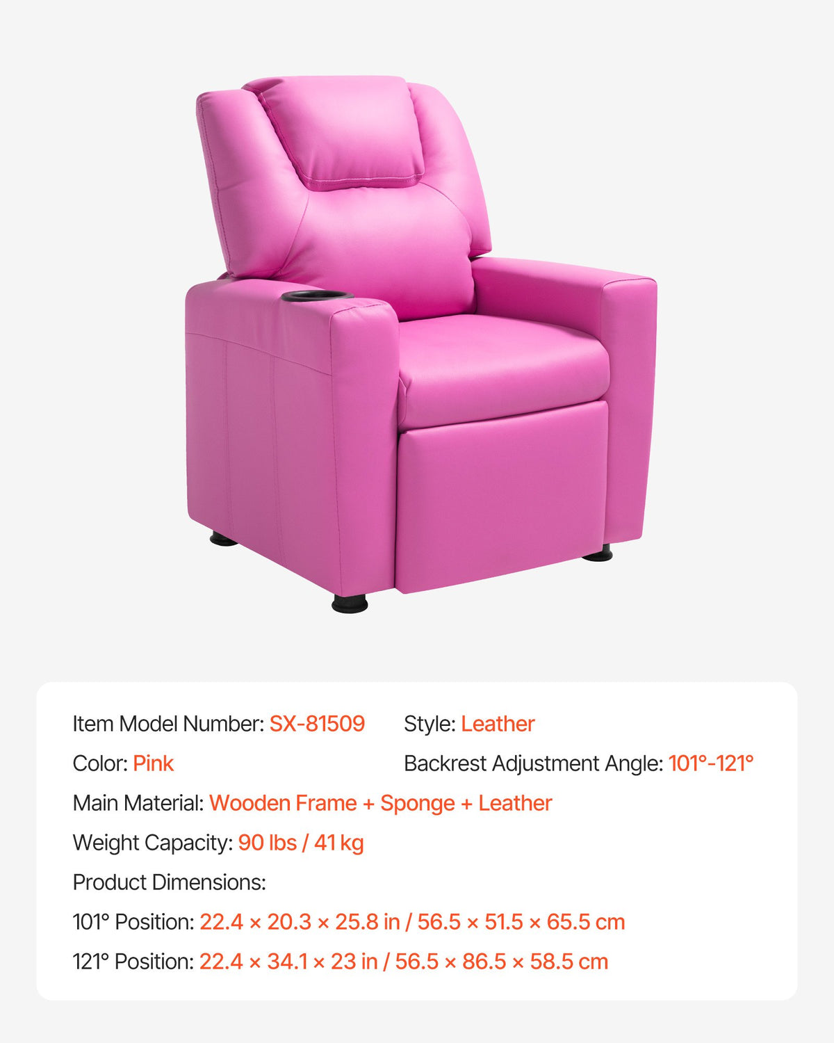 VEVOR Kids Reclining Chair, Toddler Recliner with Cup Holder, 101° to 121° Adjustable Backrest, Easy-to-Clean PU Leather Recliner Couch with Footrest, 90 lbs Load, for Boys & Girls, Children (Pink) - ETTYPGKFHS21PI6YW001V0 - view 8