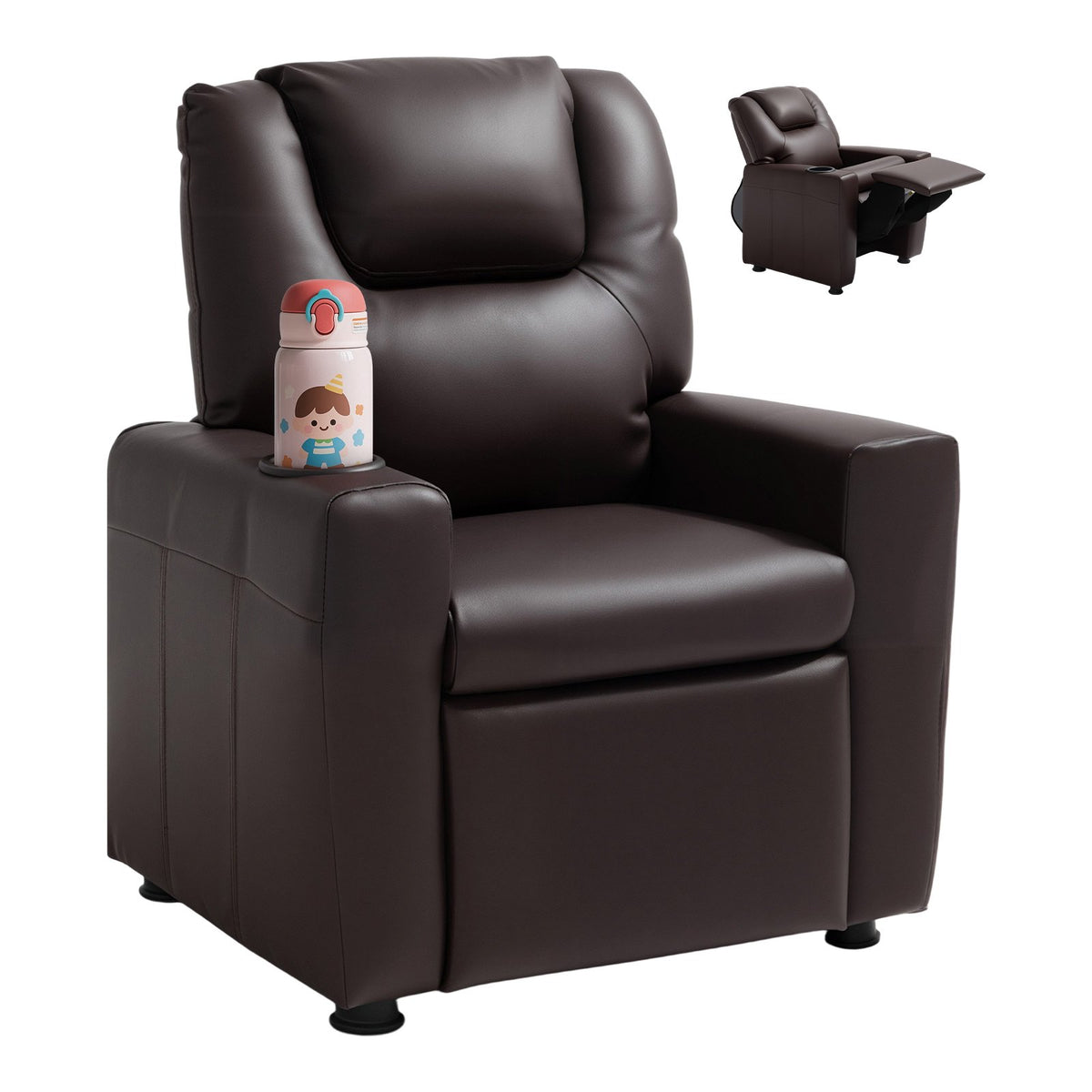 VEVOR Kids Reclining Chair, Toddler Recliner with Cup Holder, 101° to 121° Adjustable Backrest, Easy-to-Clean PU Leather Recliner Couch with Footrest, 90 lbs Load, for Boys & Girls, Children (Brown) - ETTYPGKZS252XFA0S001V0 - view 1
