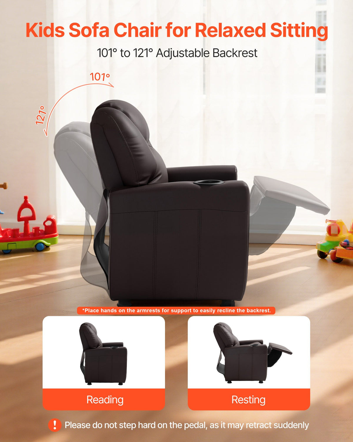 VEVOR Kids Reclining Chair, Toddler Recliner with Cup Holder, 101° to 121° Adjustable Backrest, Easy-to-Clean PU Leather Recliner Couch with Footrest, 90 lbs Load, for Boys & Girls, Children (Brown) - ETTYPGKZS252XFA0S001V0 - view 3
