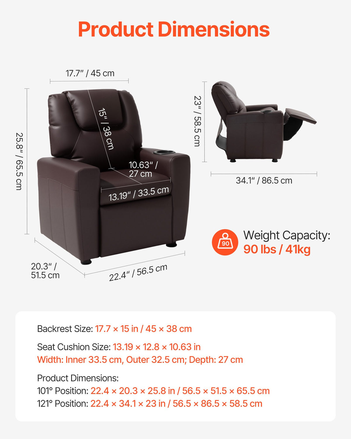 VEVOR Kids Reclining Chair, Toddler Recliner with Cup Holder, 101° to 121° Adjustable Backrest, Easy-to-Clean PU Leather Recliner Couch with Footrest, 90 lbs Load, for Boys & Girls, Children (Brown) - ETTYPGKZS252XFA0S001V0 - view 4