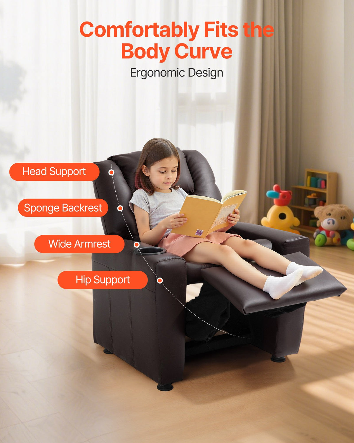VEVOR Kids Reclining Chair, Toddler Recliner with Cup Holder, 101° to 121° Adjustable Backrest, Easy-to-Clean PU Leather Recliner Couch with Footrest, 90 lbs Load, for Boys & Girls, Children (Brown) - ETTYPGKZS252XFA0S001V0 - view 6