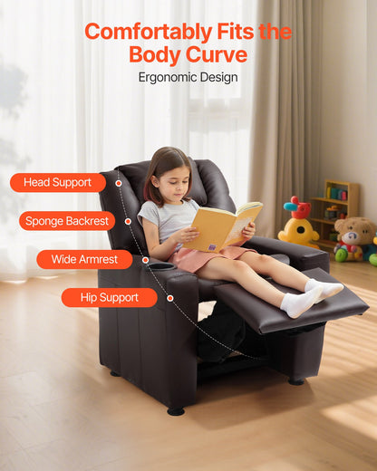 VEVOR Kids Reclining Chair, Toddler Recliner with Cup Holder, 101° to 121° Adjustable Backrest, Easy-to-Clean PU Leather Recliner Couch with Footrest, 90 lbs Load, for Boys & Girls, Children (Brown) - ETTYPGKZS252XFA0S001V0 - view 6