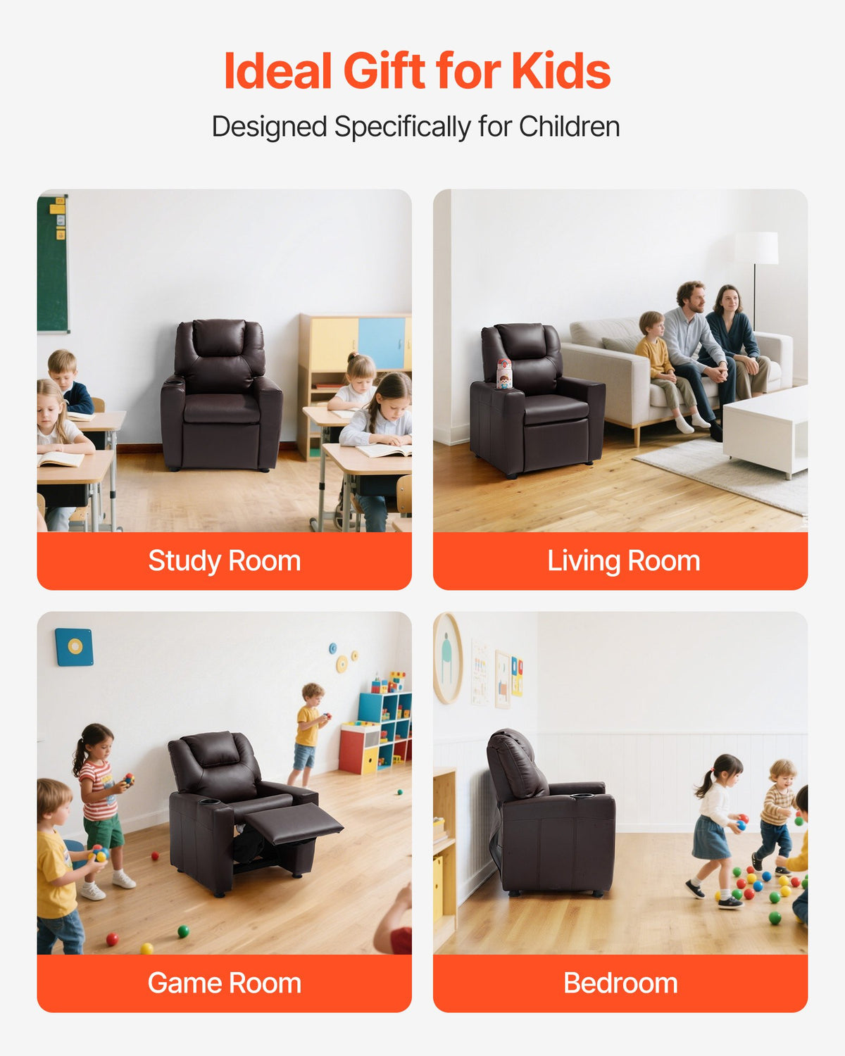 VEVOR Kids Reclining Chair, Toddler Recliner with Cup Holder, 101° to 121° Adjustable Backrest, Easy-to-Clean PU Leather Recliner Couch with Footrest, 90 lbs Load, for Boys & Girls, Children (Brown) - ETTYPGKZS252XFA0S001V0 - view 7