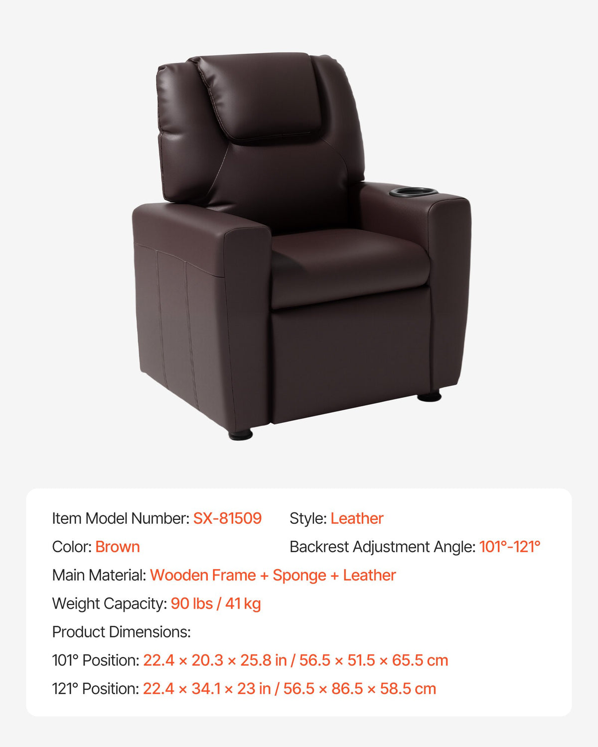 VEVOR Kids Reclining Chair, Toddler Recliner with Cup Holder, 101° to 121° Adjustable Backrest, Easy-to-Clean PU Leather Recliner Couch with Footrest, 90 lbs Load, for Boys & Girls, Children (Brown) - ETTYPGKZS252XFA0S001V0 - view 8